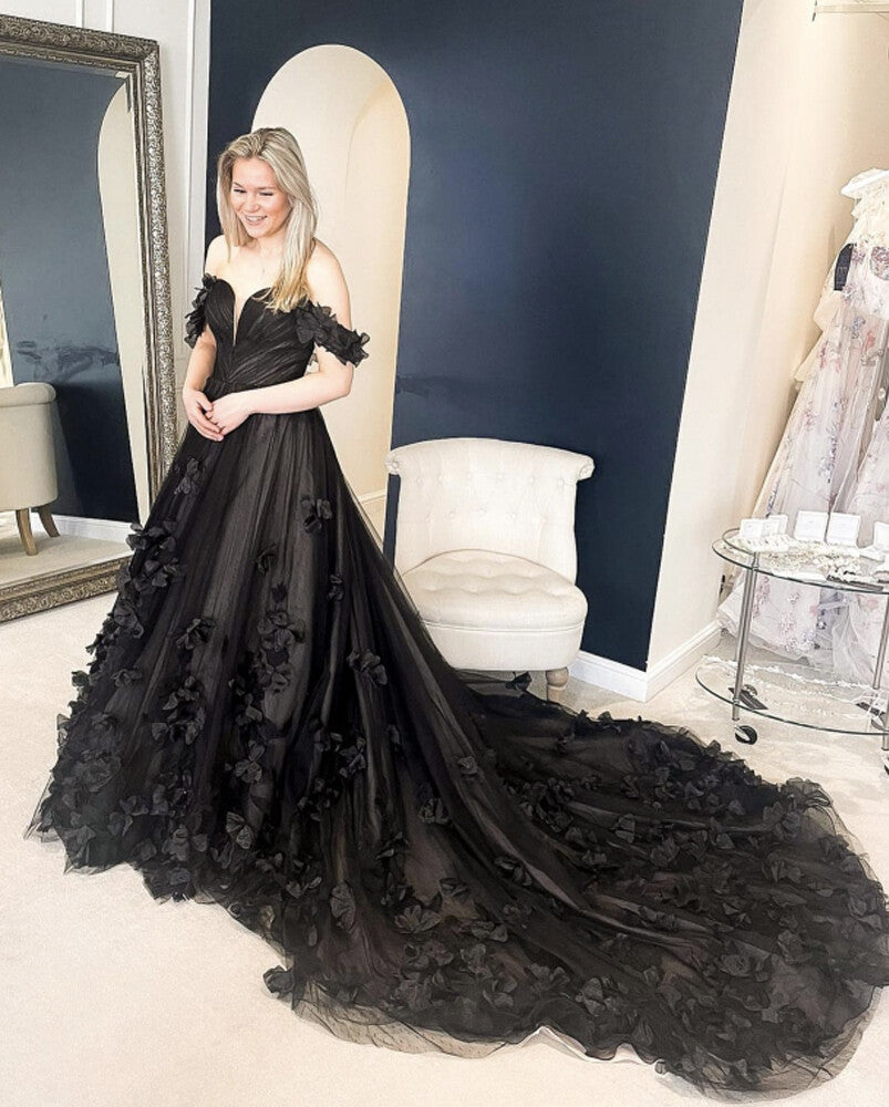 Off Shoulder Black Gothic Wedding Dress with 3D Flowers