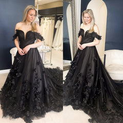 Off Shoulder Black Gothic Wedding Dress with 3D Flowers
