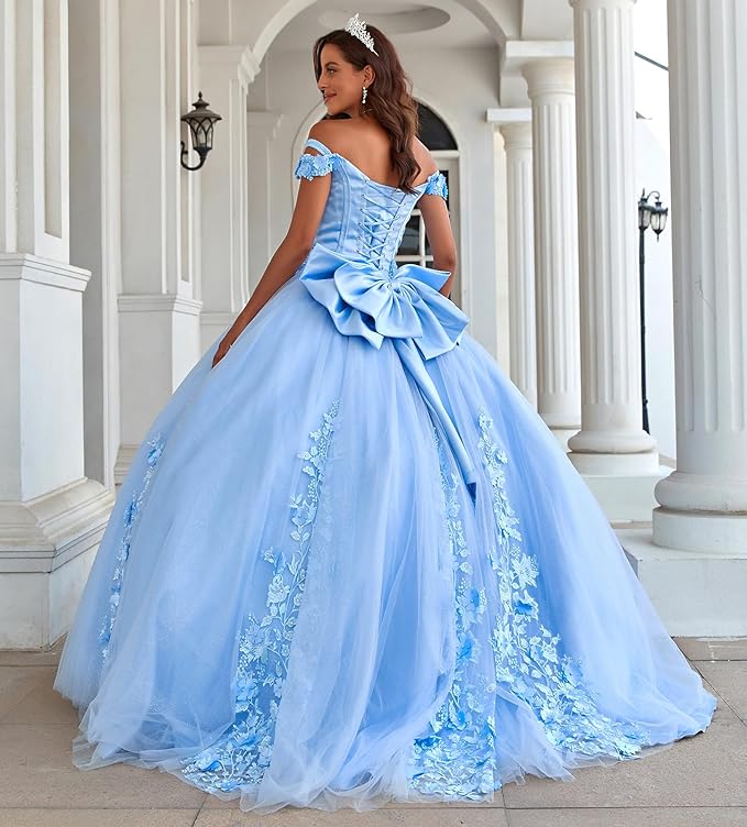 Off Shoulder Blue Quinceanera Dresses Tulle Appliques for Sweet 16
