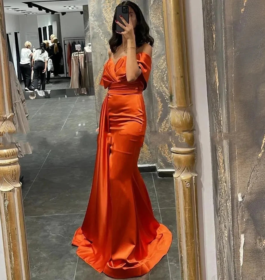 Off Shoulder Burnt Orange Formal Dress Maxi Wedding Guest Dress Mychicdress