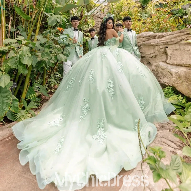 Off Shoulder Lace Sage Green Quinceanera Dress Near Me Mychicdress