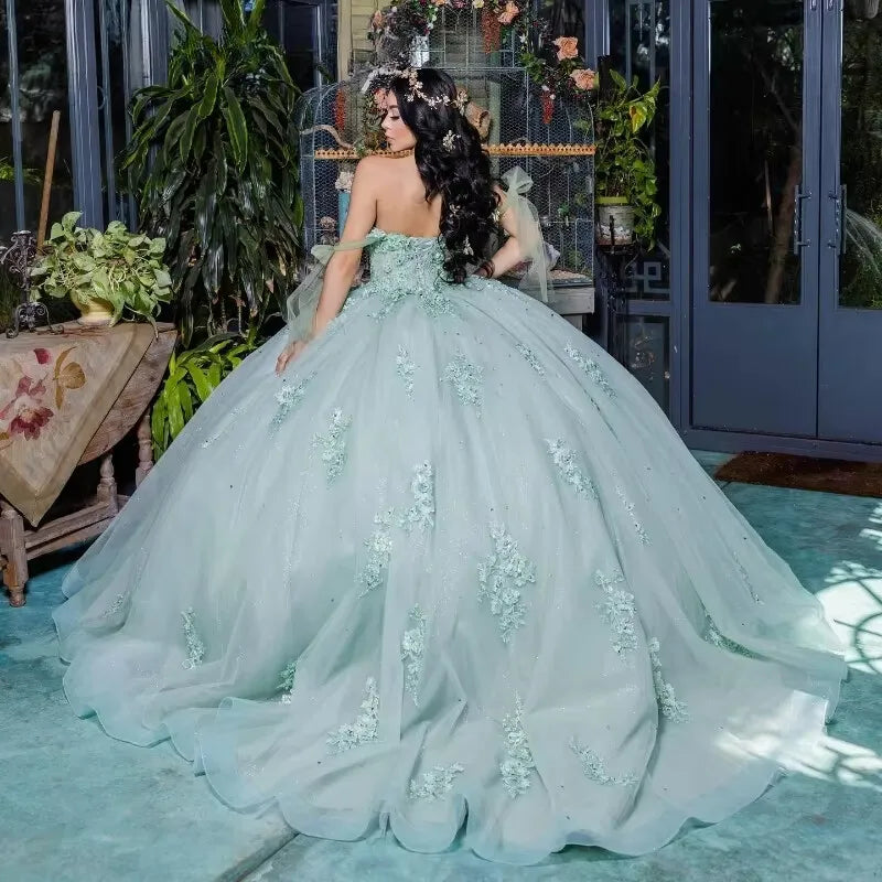 Off Shoulder Lace Sage Green Sweet 16 Quinceanera Dress Appliques