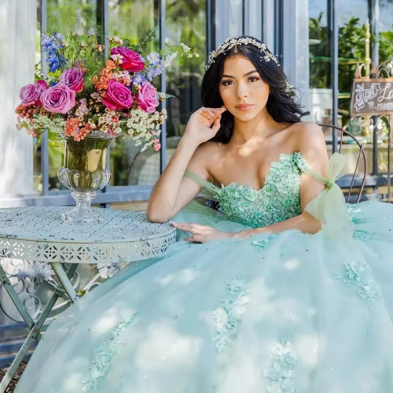 Off Shoulder Lace Sage Green Sweet 16 Quinceanera Dress Appliques