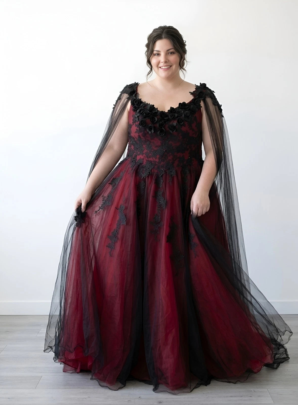 Off-Shoulder Black Red Lace Wedding Dress Masquerade Prom Dress
