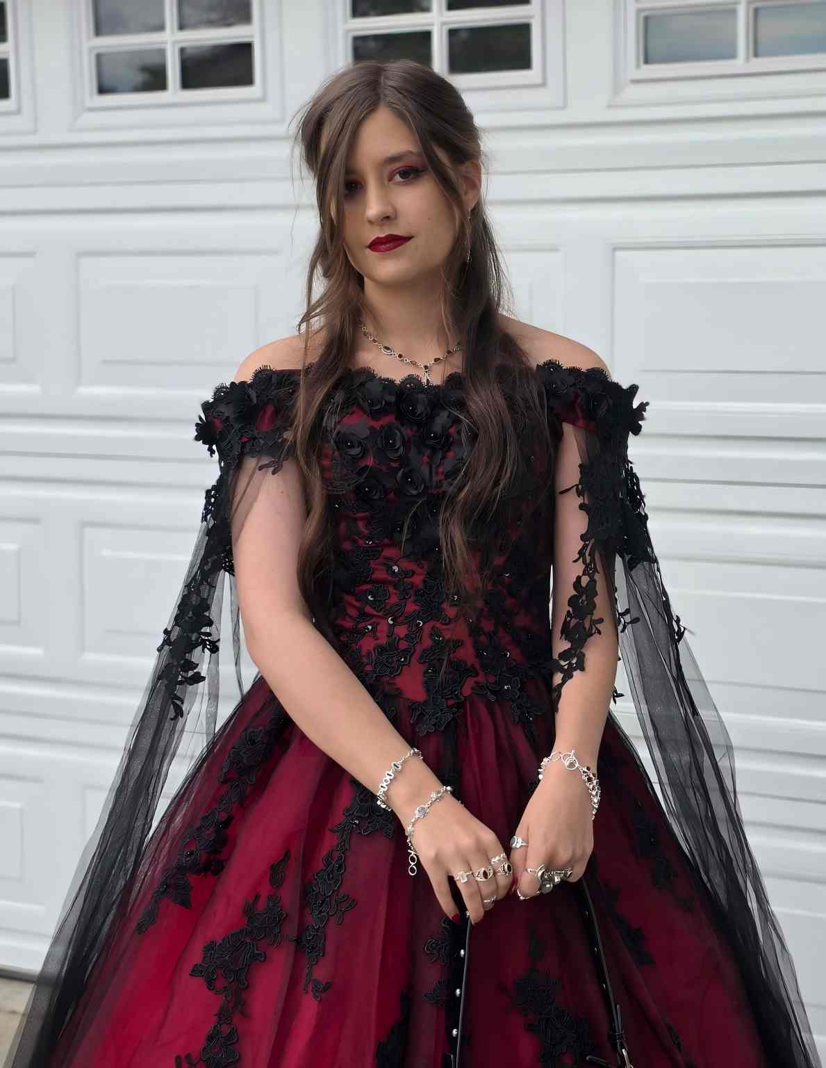 Off-Shoulder Black Red Lace Wedding Dress Masquerade Prom Dress