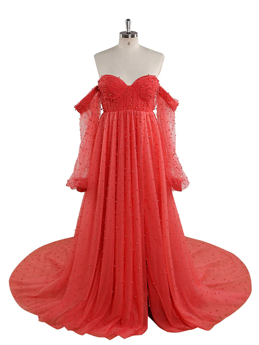 hot pink Pearls Maternity Dress with Sleeves Photoshoot Dresses for Ladies Mychicdress