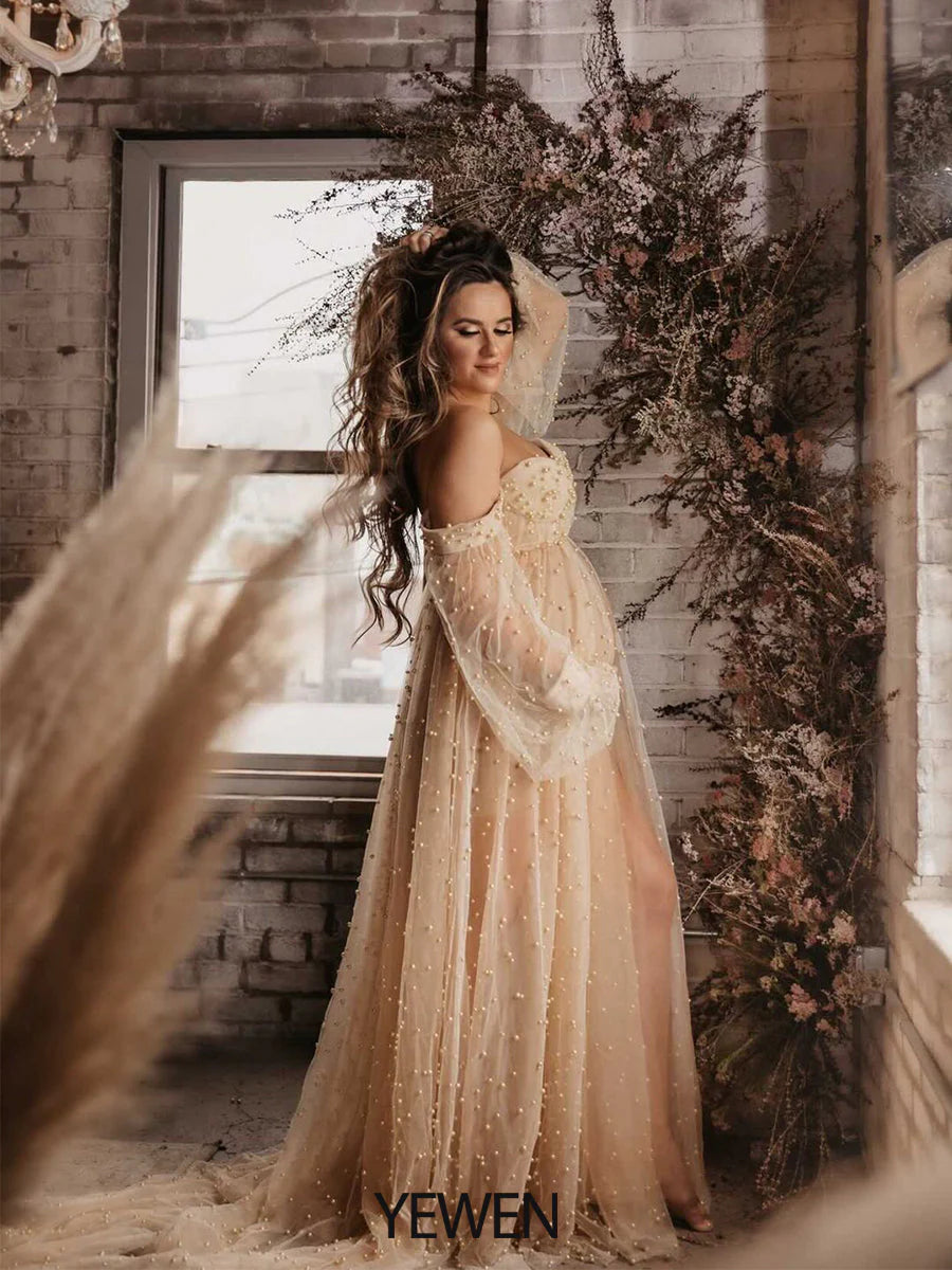 Off Shoulder Pearls Maternity Dress with Sleeves Photoshoot Dresses for Ladies
