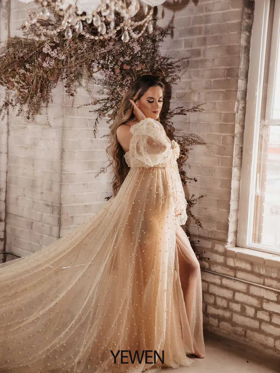 Off Shoulder Pearls Maternity Dress with Sleeves Photoshoot Dresses for Ladies