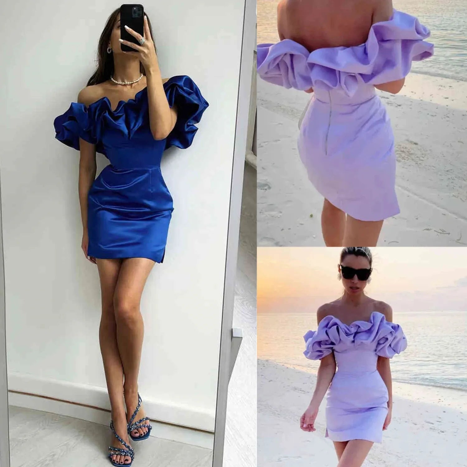  Off Shoulder Pleats Short Homecoming Dresses Satin Summer Party Gowns Mychicdress