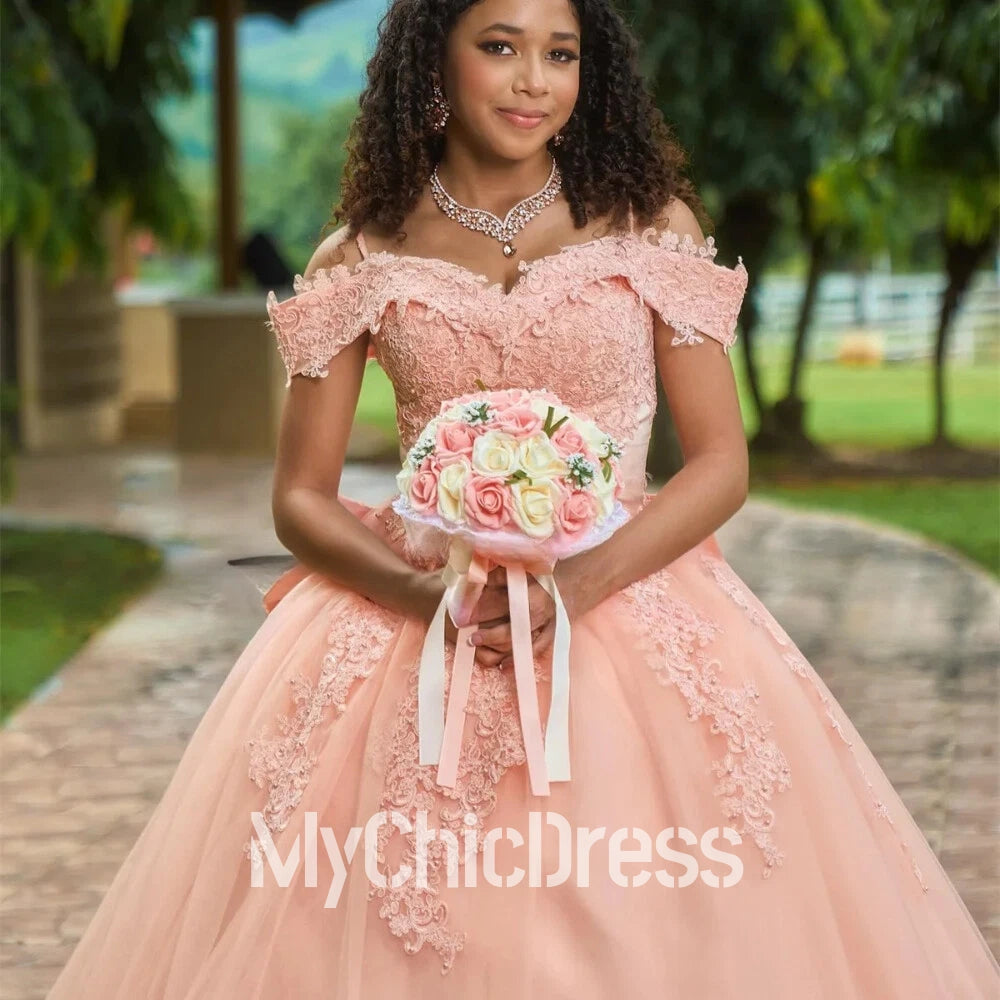 Off Shoulder Quinceanera Pink Dresses Lace Backless with Bow