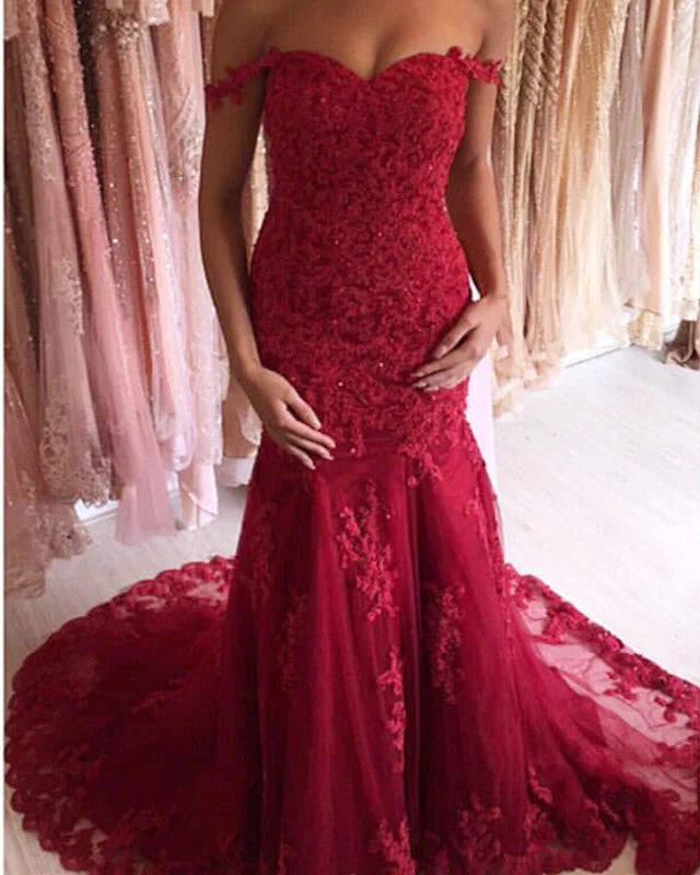 Off-Shoulder Red Evening Dress Uk Mermaid Lace Prom Dress UK Mychicdress