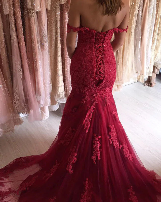 Off-Shoulder Red Evening Dress Uk Mermaid Lace Prom Dress UK Mychicdress