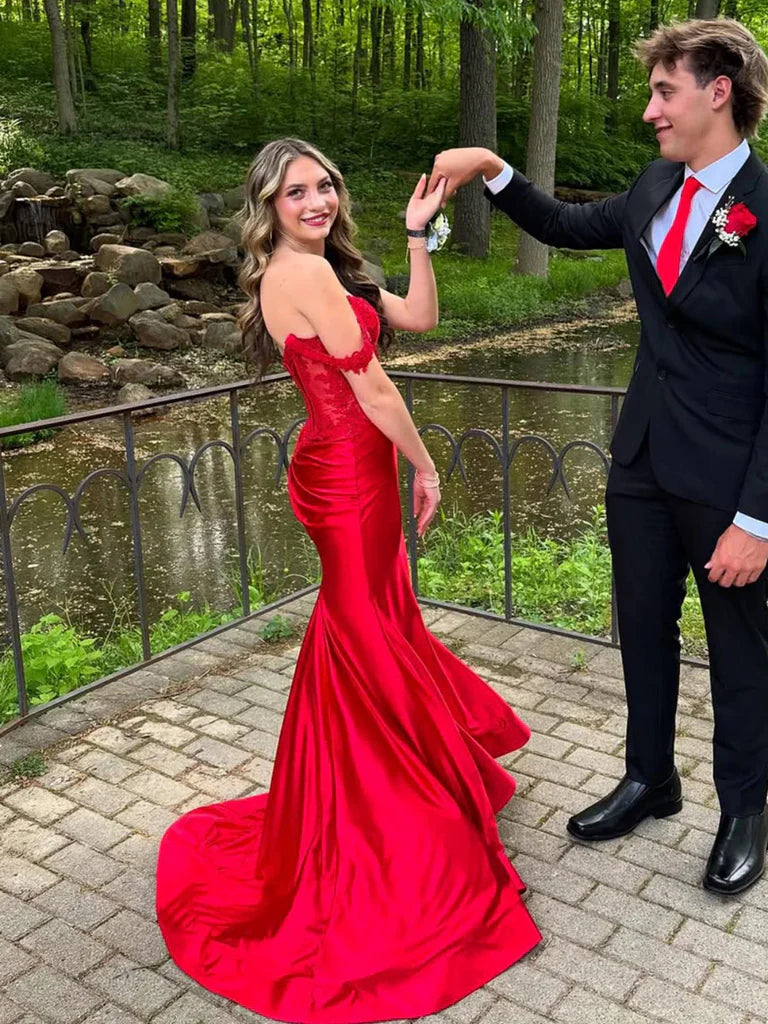 Off Shoulder Red Formal Dress Lace Mermaid Satin Prom Dresses Mychicdress