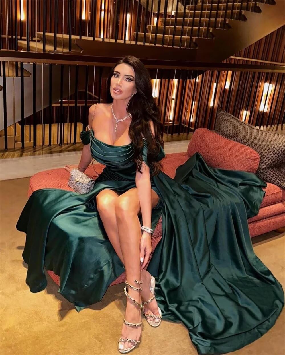 Green evening gown Off-the-Shoulder Corset Emerald Prom Dress Long Beaded Slit