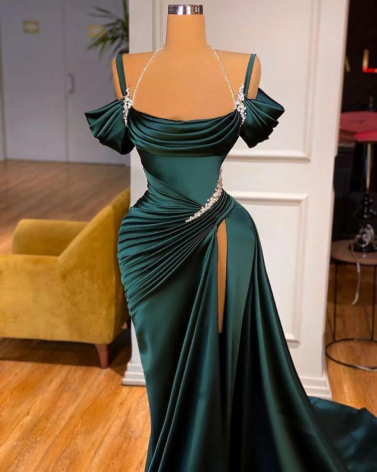 Green evening gown Off-the-Shoulder Corset Emerald Prom Dress Long Beaded Slit