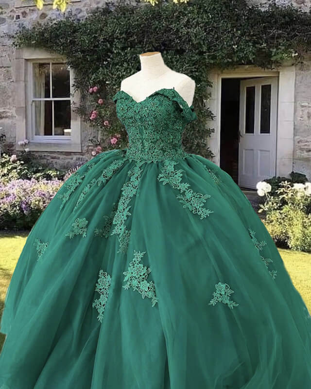 Off the Shoulder Green Quinceanera Dresses Ball Gown Lace Appliques Mychicdress
