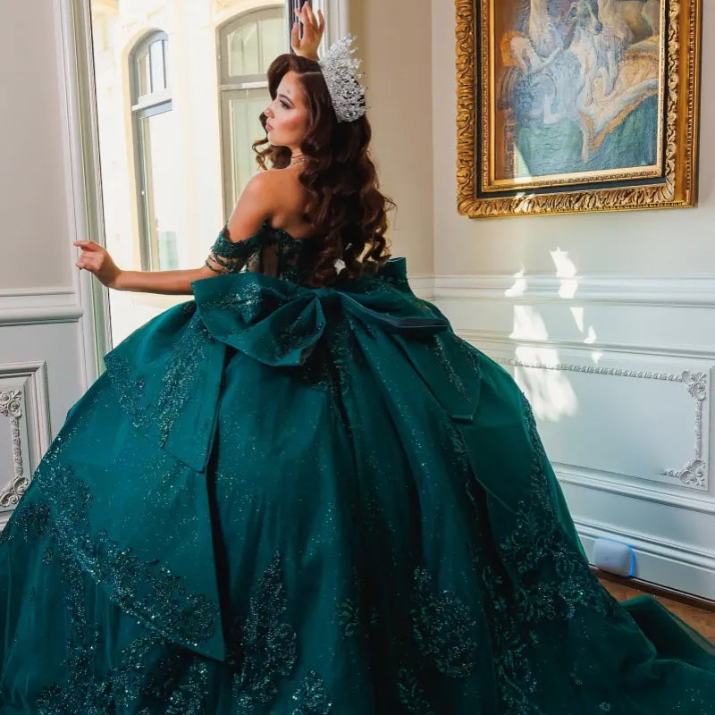 Off The Shoulder Sequin Lace Green Quinceanera Dresses Applique Beads