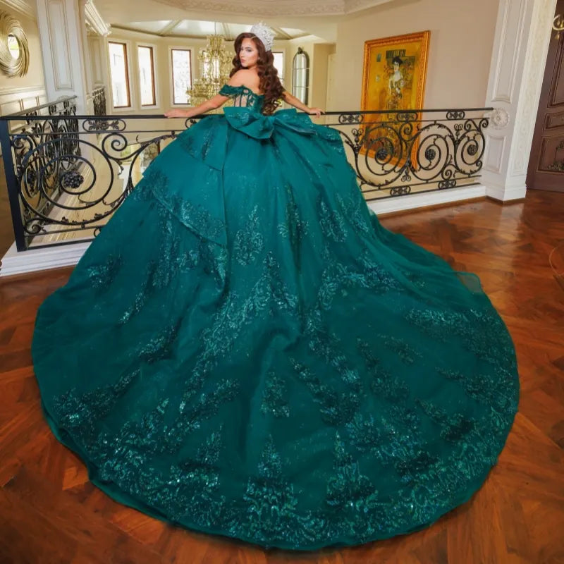 Off The Shoulder Sequin Lace Green Quinceanera Dresses Applique Beads