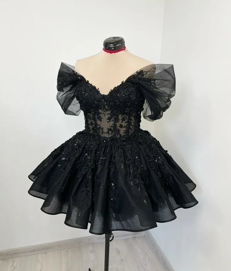 Off the Shoulder Sequins Short Black Wedding Dress Gothic Lace Up Back