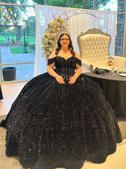 Off the Shoulder Sweet 15 Dresses Sequins Black Quince Dress