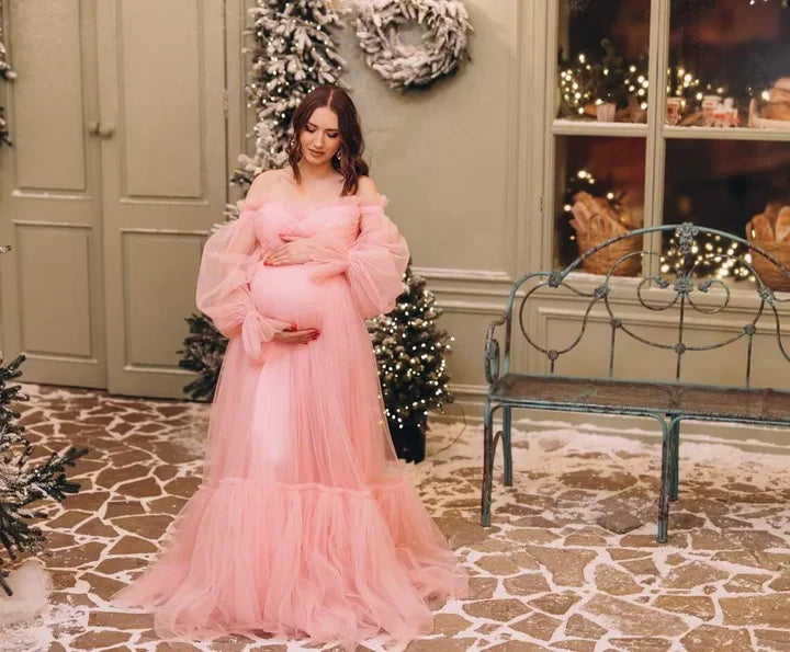 Off the shoulder Tulle Robe Puffy Sleeve Maternity Dress for Baby Shower