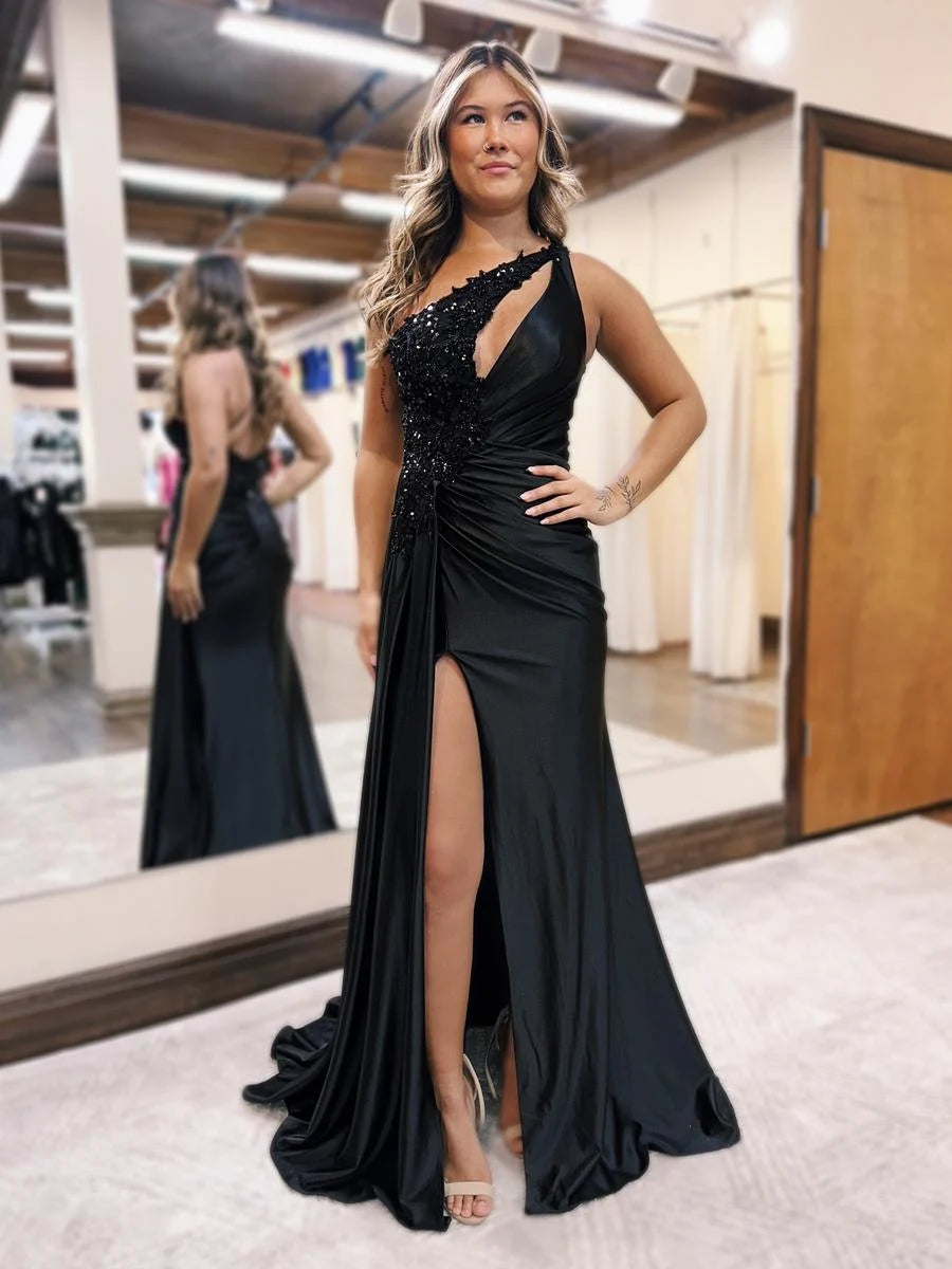 One Shoulder Black Prom Dresses 2025 Sequin Lace Beaded Evening Gowns