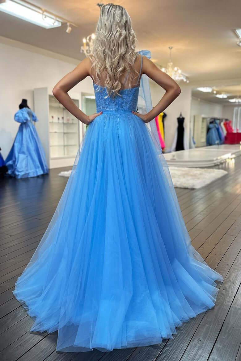 One-Shoulder Blue Evening Dress A-Line Long Prom Dress Bow Strap