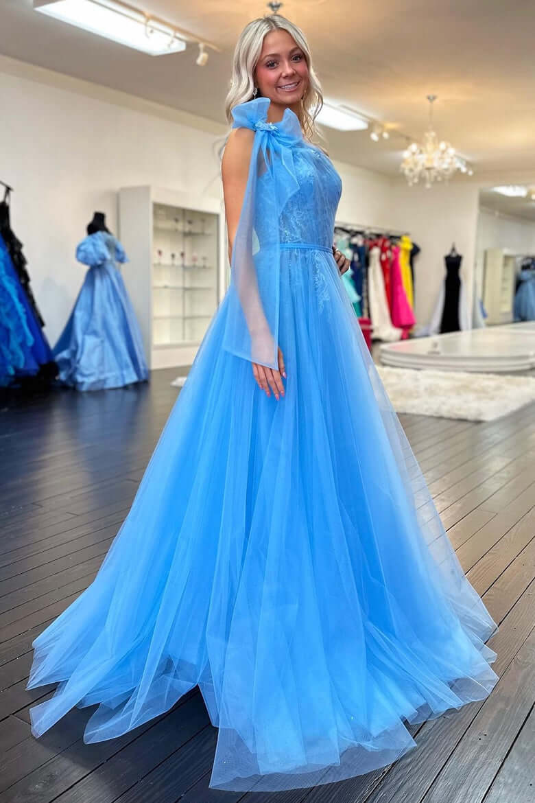 One-Shoulder Blue Evening Dress A-Line Long Prom Dress Bow Strap