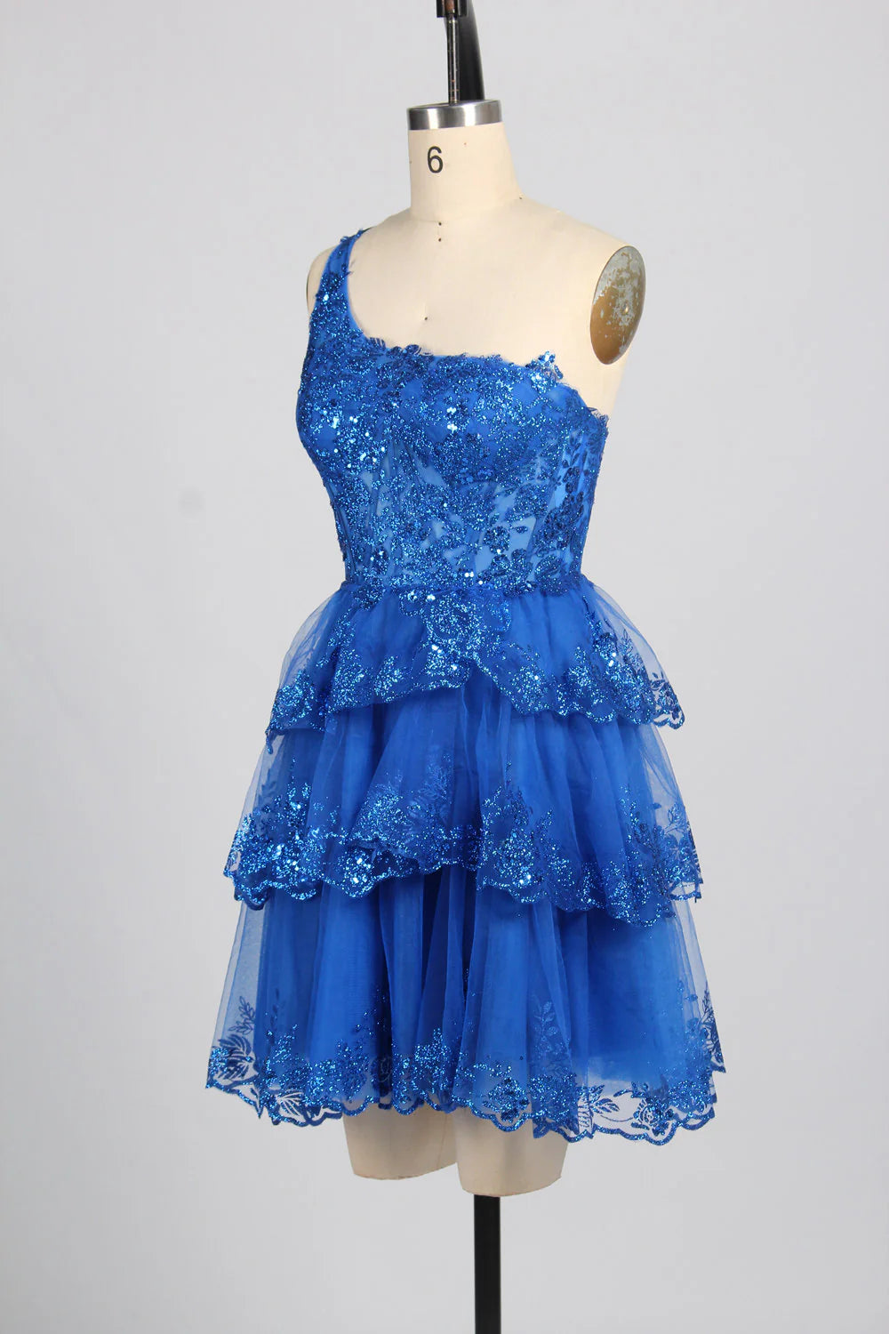 One-Shoulder Blue Sequin Homecoming Dress Short with Flared Skirt Mychicdress