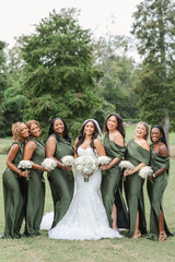 One Shoulder Bridesmaid Dresses Black Satin Pleated with Slit
