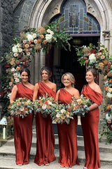 One Shoulder Bridesmaid Dresses Black Satin Pleated with Slit