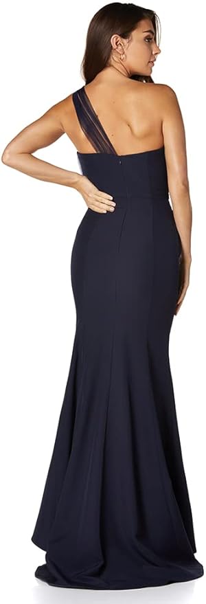 One Shoulder Evening Dress Tulle Top Navy Maxi Dress With Split 