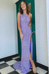 One Shoulder Lilac Formal Dress Sequin Prom Dress Mermaid with Slit