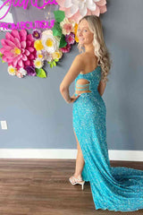 One Shoulder blue Formal Dress Sequin Prom Dress Mermaid with Slit