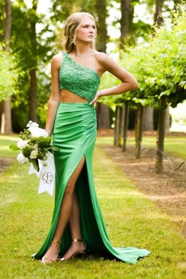 Green One Shoulder Lace Prom Dress Cut Out
