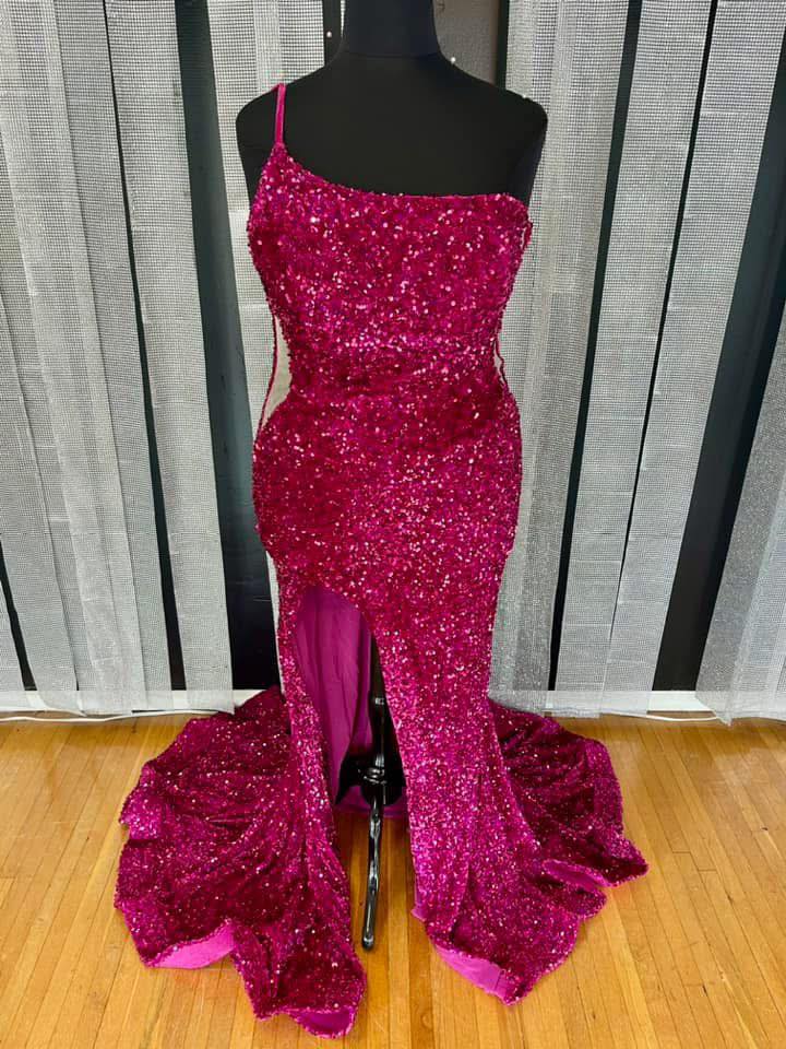One Shoulder Long Fuchsia Prom Dress Mermaid Sequin