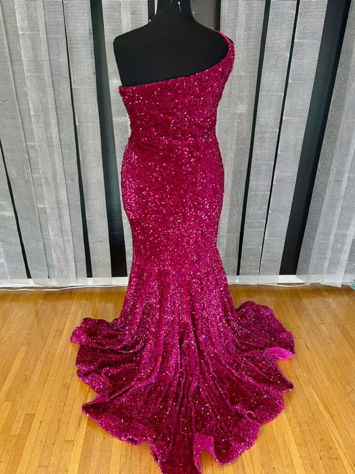 One Shoulder Long Fuchsia Prom Dress Mermaid Sequin