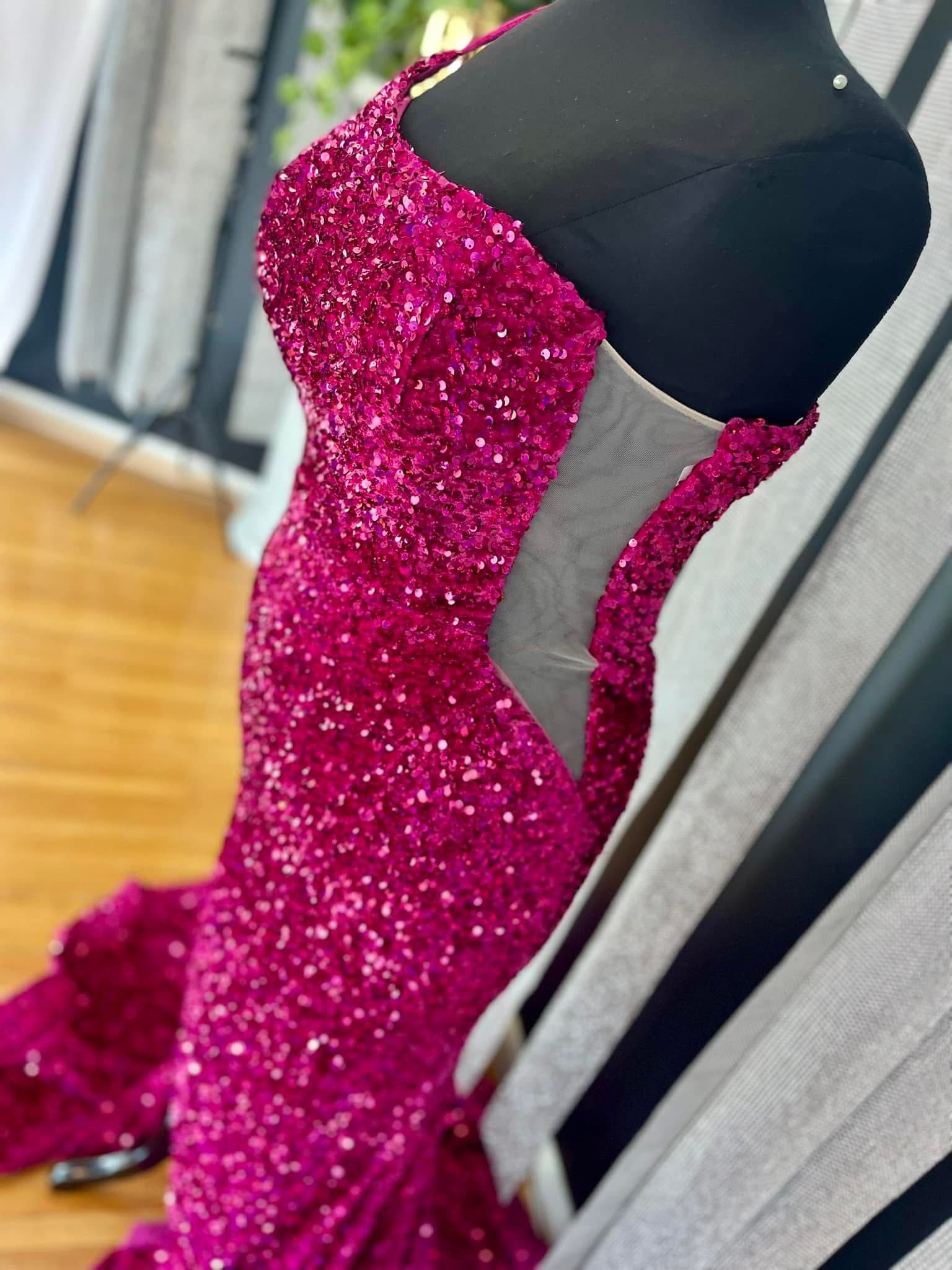 One Shoulder Long Fuchsia Prom Dress Mermaid Sequin