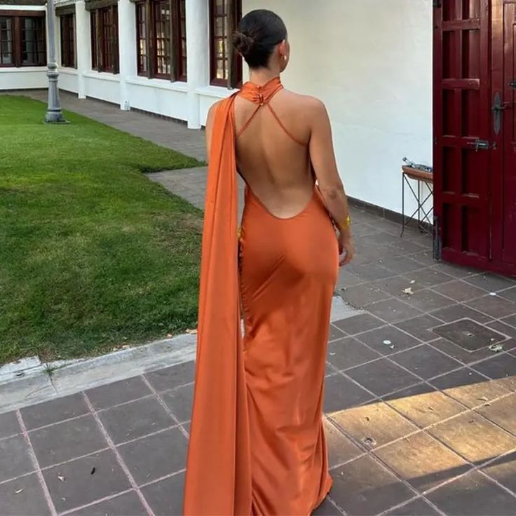 Orange-satin-wedding-guest-dress-halter-maxi-dress-mychicdress