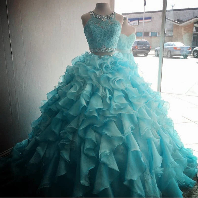 Organza Layered 2 Piece Quinceanera Dresses Ball Gowns With Lace Crop