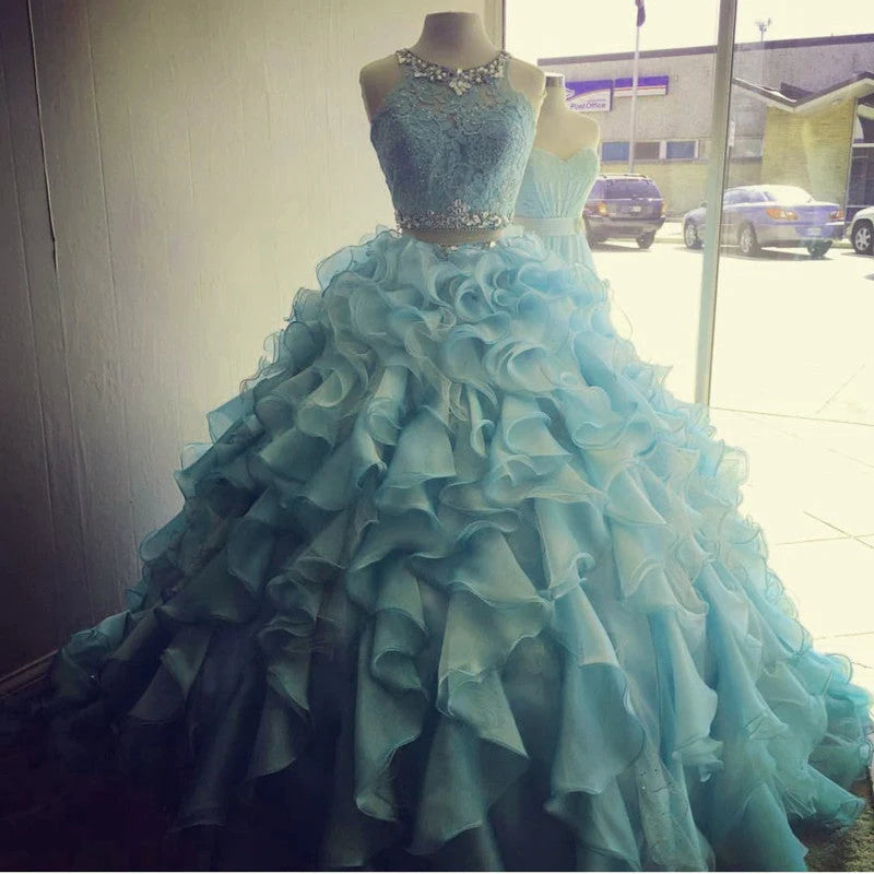 Organza Layered 2 Piece Quinceanera Dresses Ball Gowns With Lace Crop