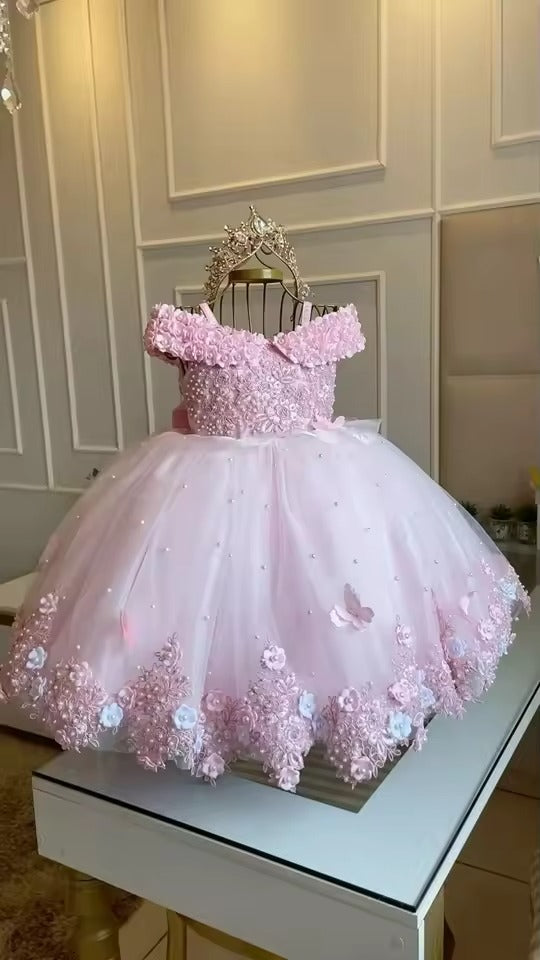 Mychicdress pink Pageant Girl Dresses Pearls Lace Flower Girl Dress Sleeveless