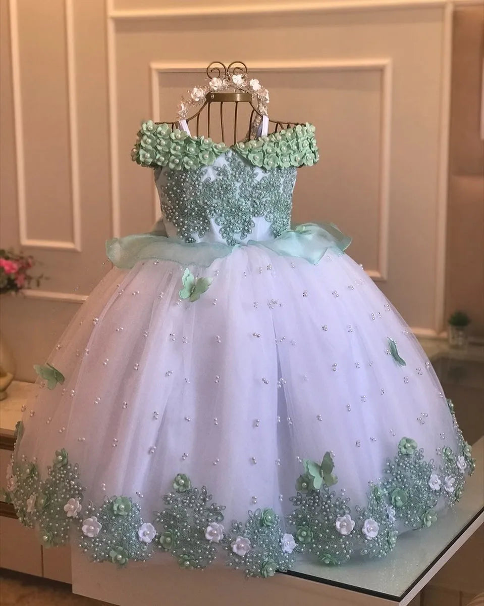 Mychicdress Pageant Girl Dresses Pearls Lace Flower Girl Dress Sleeveless