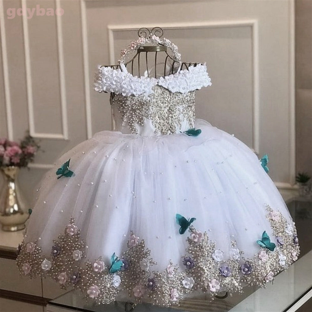 Mychicdress Pageant Girl Dresses Pearls Lace Flower Girl Dress Sleeveless