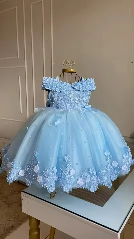 Mychicdress blue Pageant Girl Dresses Pearls Lace Flower Girl Dress Sleeveless