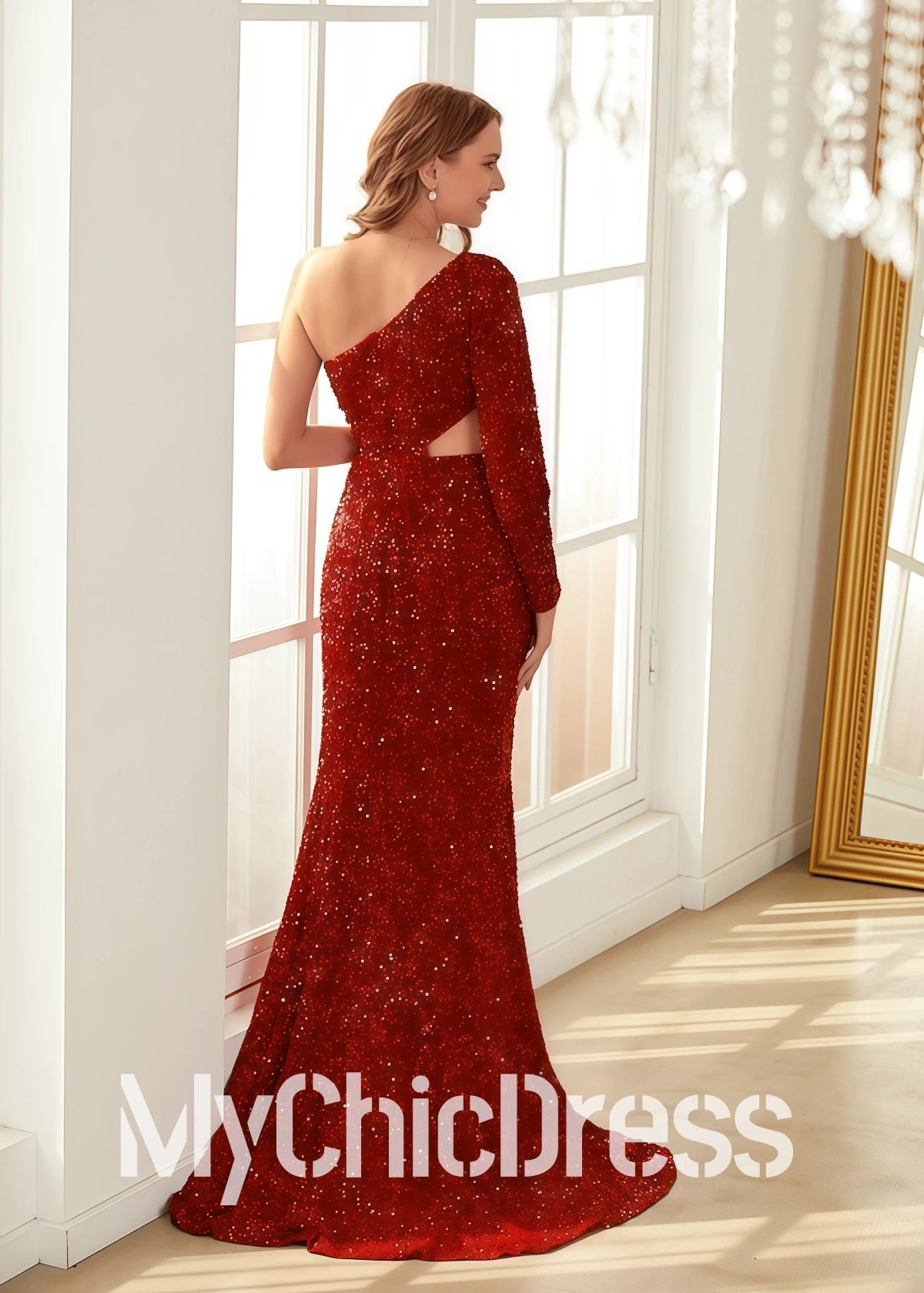 Vestidos formales negros de una sola manga con lentejuelas, vestido de fiesta largo recortado con abertura