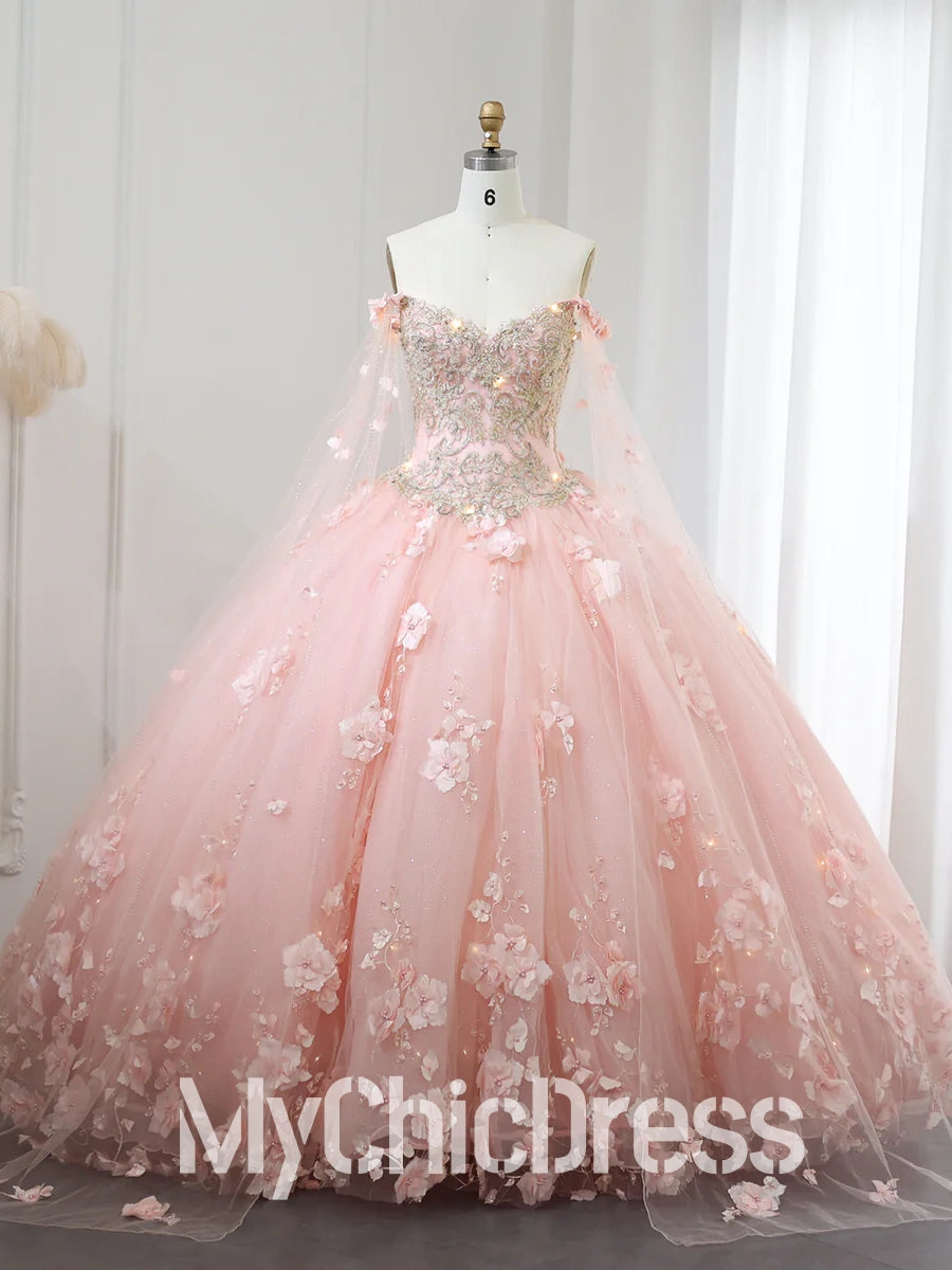 Light Pink Quinceanera Dress 3D Flowers Off-the-Shoulder with Cape