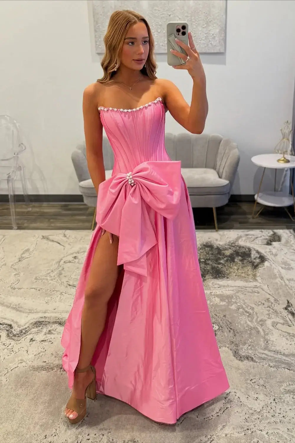 Satin Strapless Evening Dress pink Corset Crystal Prom Dresses  with Bowknot