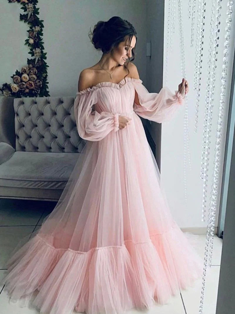 Long Sleeve Maxi Party Dress pink Off Shoulder A-Line Photoshoot Dress Mychicdress