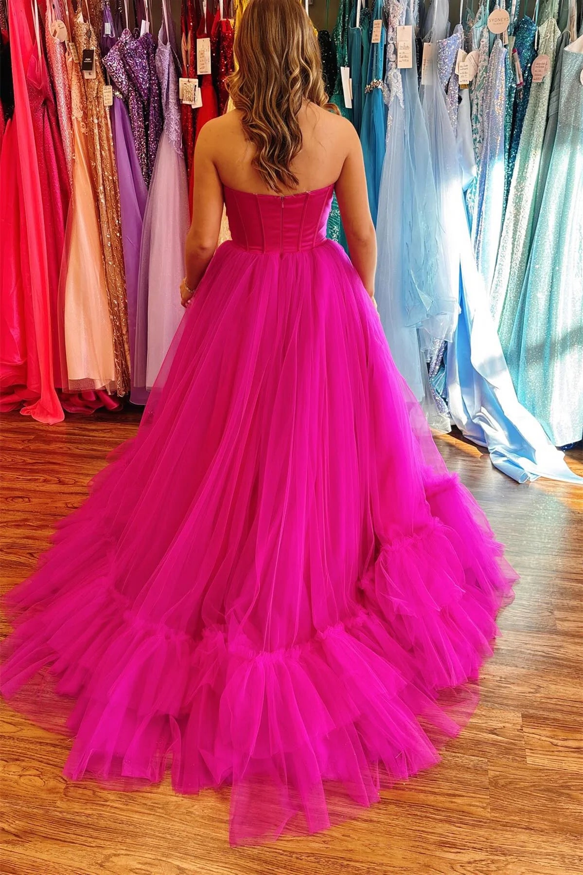 Hot Pink Long Tulle Strapless Prom Dress with Ruffles
